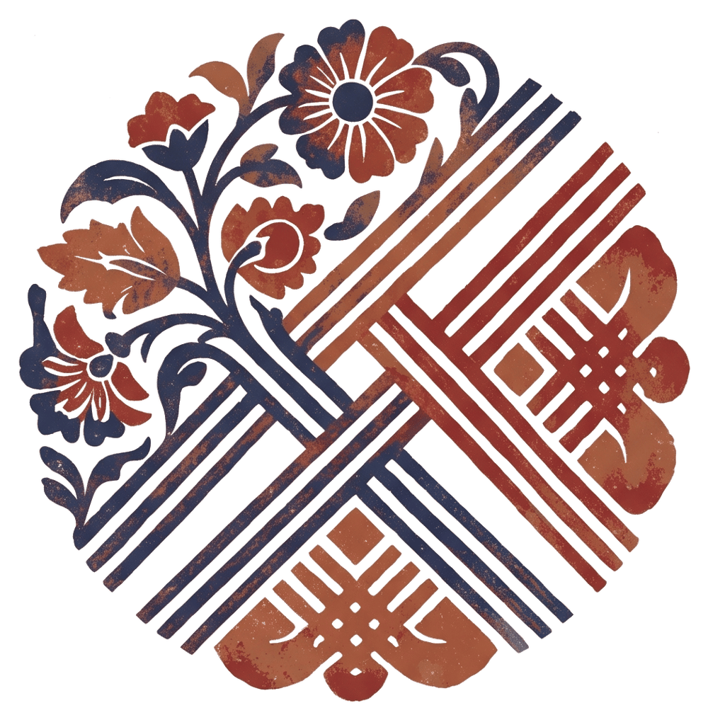 Svatahi emblem: flowers and lines in indigo and madder